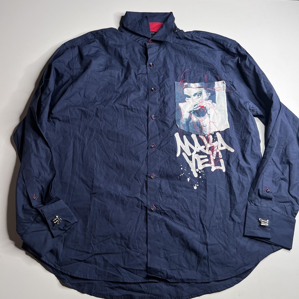 Makaveli Branded Shirt Mens XL Blue Graphic Long Sleeve Button Up Hip Hop Rap